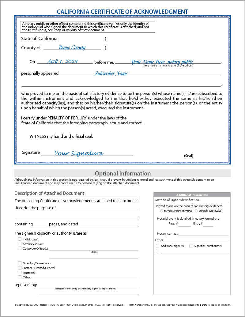 California Acknowledgment Form Notary